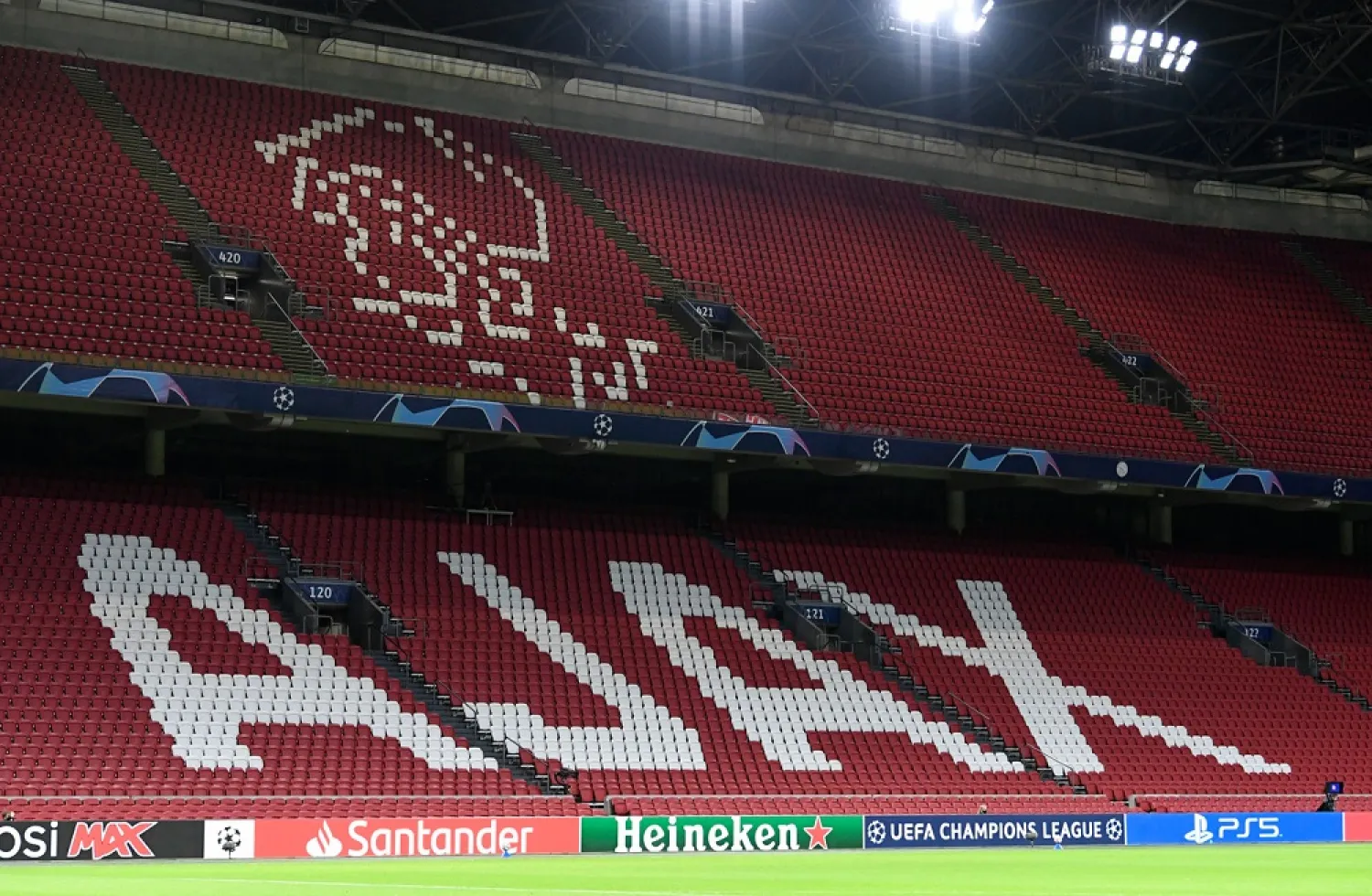General view inside the Johan Cruijff Arena, Amsterdam, Netherlands, October 21, 2020. (Reuters)