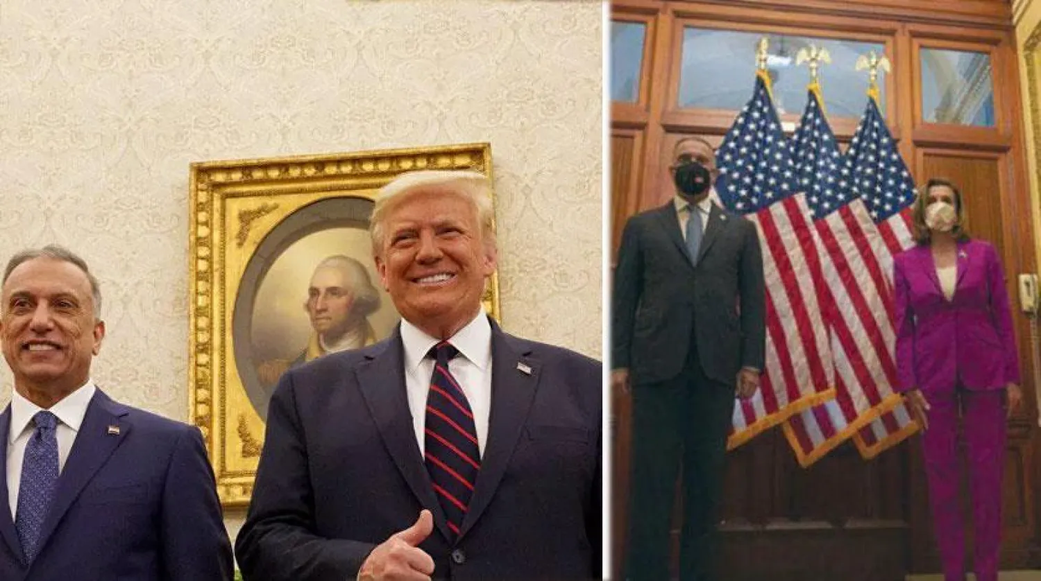 Irak Başbakanı Kazimi, ABD Başkanı Donald Trump (Solda) Irak Başbakanı Kazimi, ABD Temsilciler Meclisi Başkanı Nancy Pelosi (Sağda) (Irak Başbakanlık Basın Ofisi)