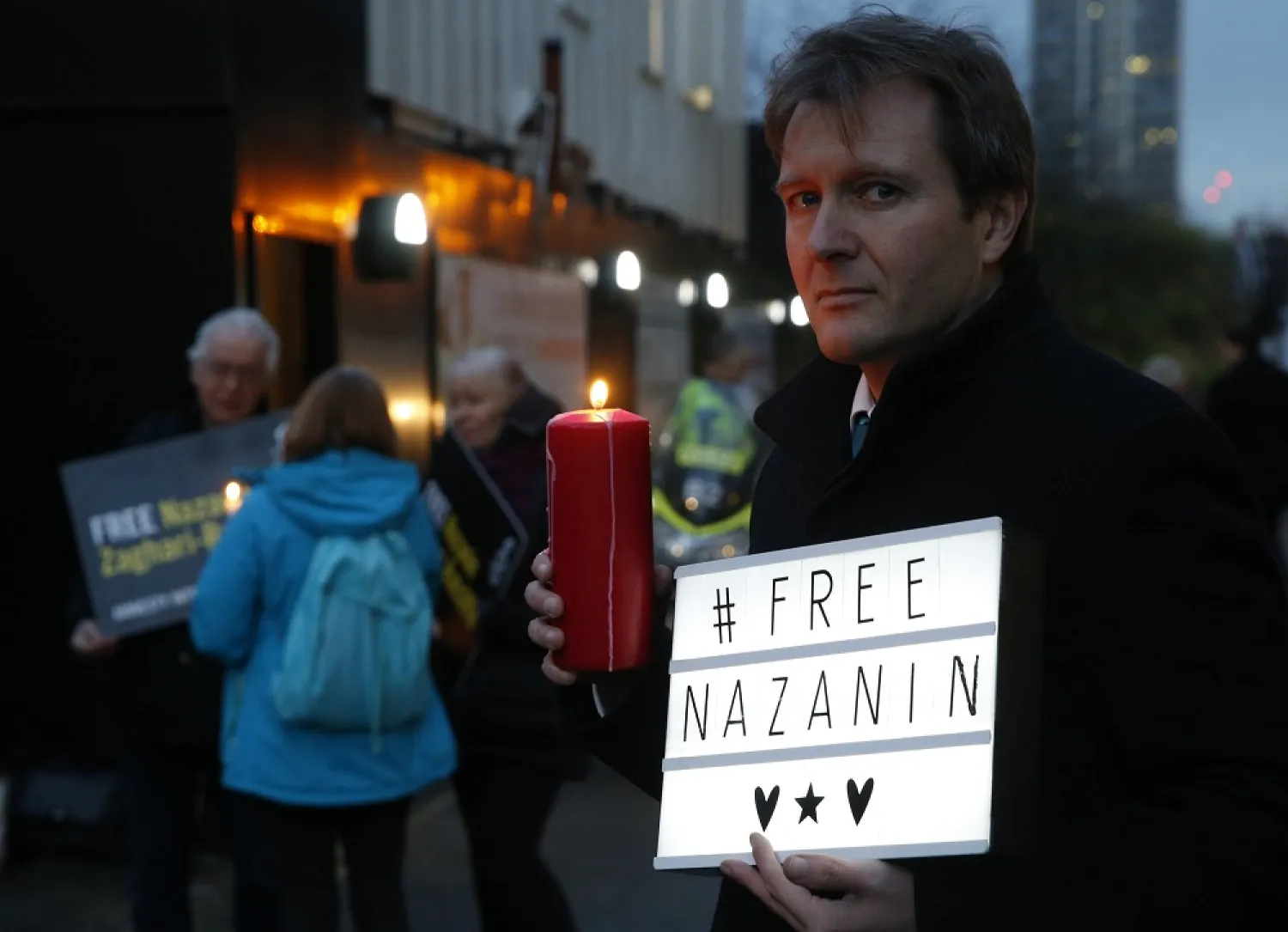 In this Jan. 16, 2017 file photo, Richard Ratcliffe, husband of imprisoned British-Iranian dual national Nazanin Zaghari-Ratcliffe, poses during an Amnesty International led vigil outside the Iranian Embassy in London. (AP)