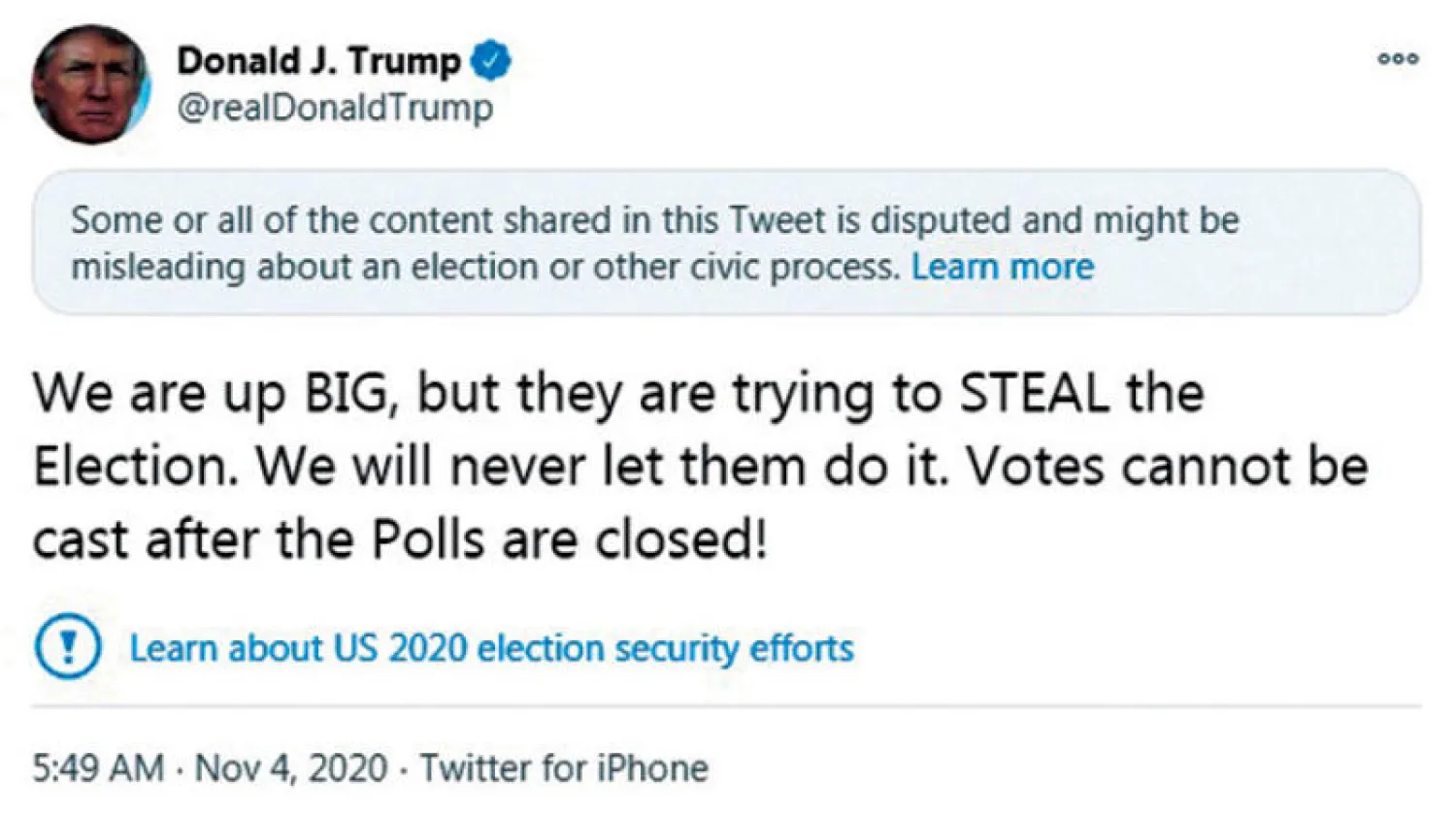 أرفق «تويتر» تغريدة ترمب بتحذير من احتوائها معلومات {قد تكون مضللة}