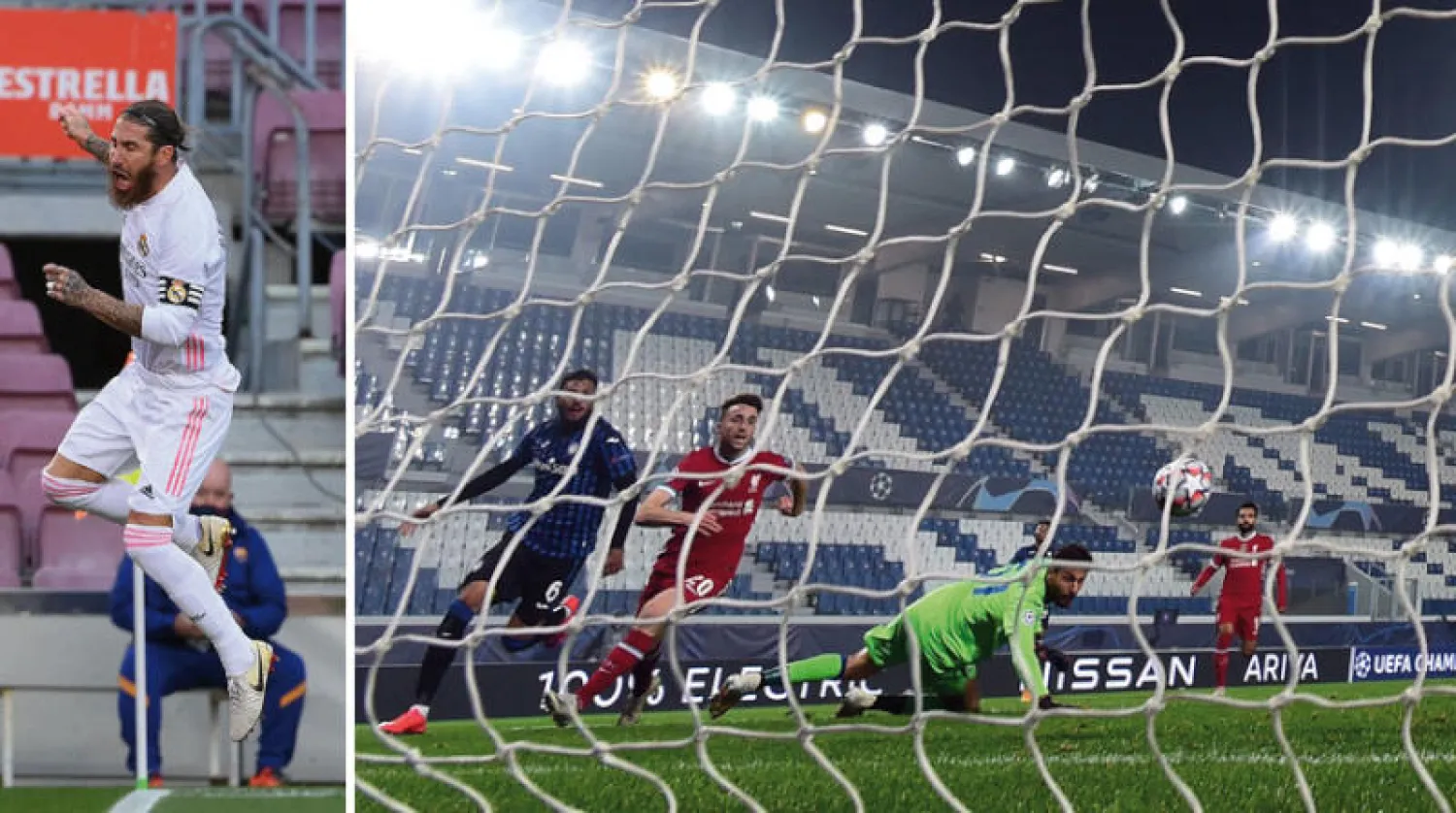 جوتا المتألق (الثاني من اليسار) سجل ثلاثيته من خماسية ليفربول في مرمى أتالانتا (أ.ف.ب)  -  راموس يحتفل بتسجيل هدفه المائة مع الريال (أ.ف.ب)