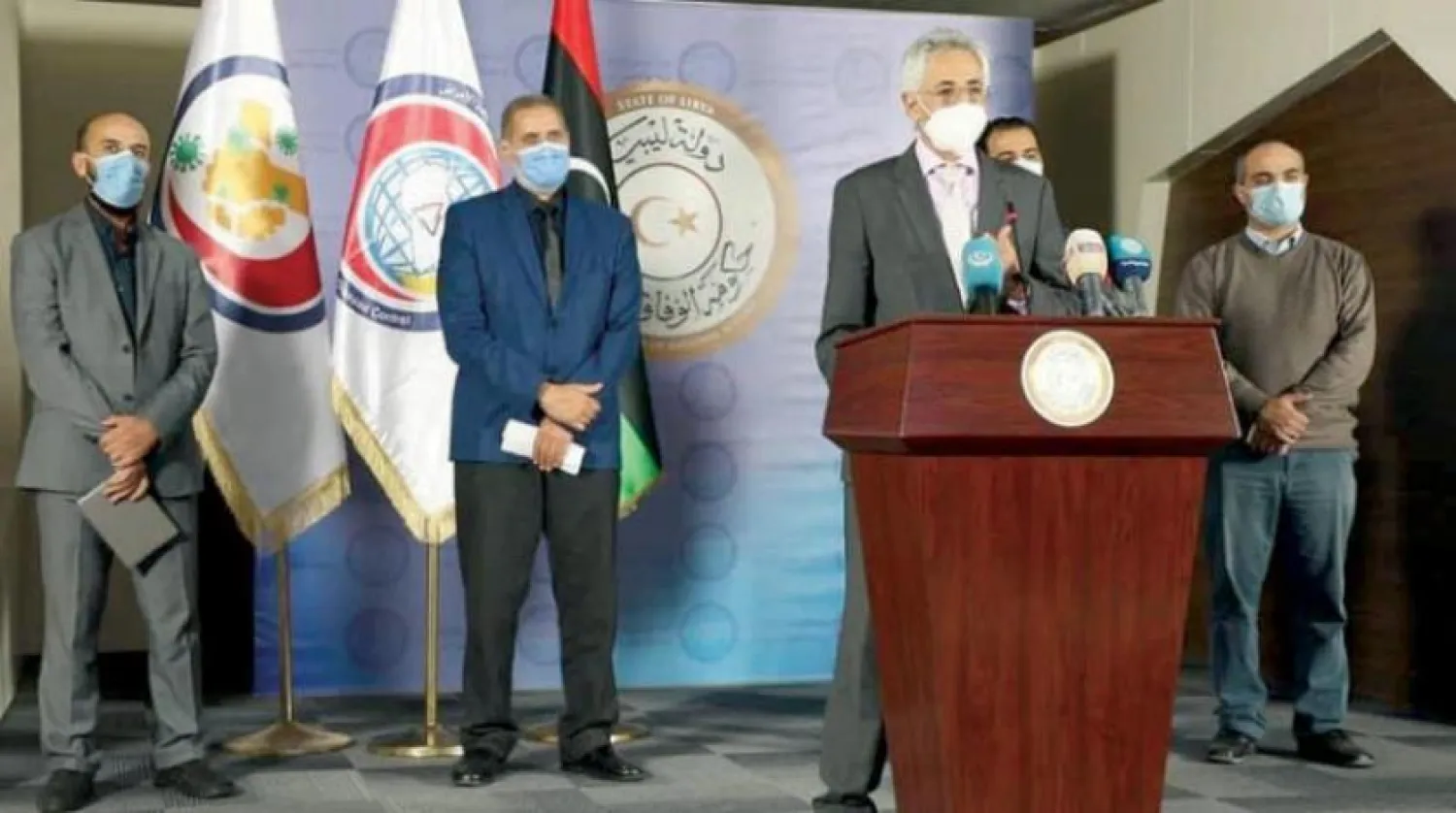 Libya’nın batısında Koronavirüs ile Mücadele Yüksek Danışma Kurulu tarafından düzenlenen basın konferansından bir kare (Mutabakat Hükümeti’ne bağlı Sağlık Bakanlığı)