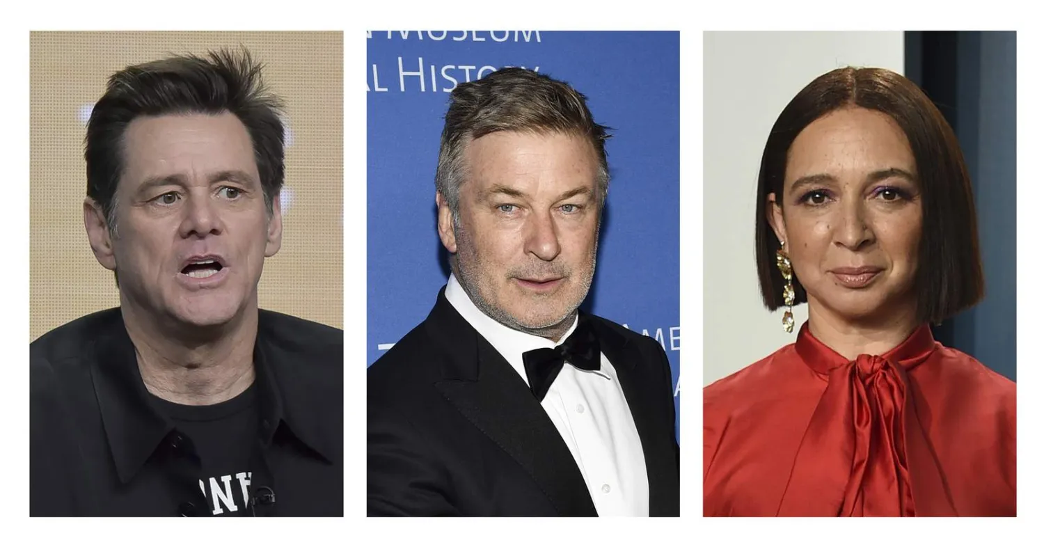  Jim Carrey, left, appears in an Aug. 2, 2019, photo in Beverly Hills, Calif. Alec Baldwin, middle, appears in a Nov. 21, 2019, photo in New York. Maya Rudolph appears in a Feb. 9, 2020, photo in Beverly Hills. (AP Photos/File)