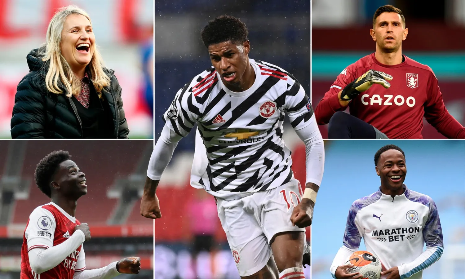 Clockwise from top left: Emma Hayes, Marcus Rashford, Emiliano Martínez, Raheem Sterling and Bukayo Saka. Composite: Getty/Rex/Reuters