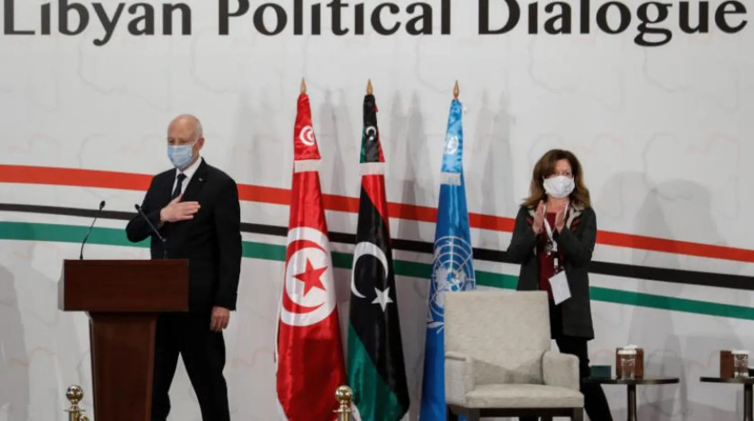 Tunus Cumhurbaşkanı Kays Said ve BM Libya Özel Temsilcisi Vekili Stephanie Williams Tunus’taki Libya Siyasi Diyalog Forumu’nun açılışında (DPA)