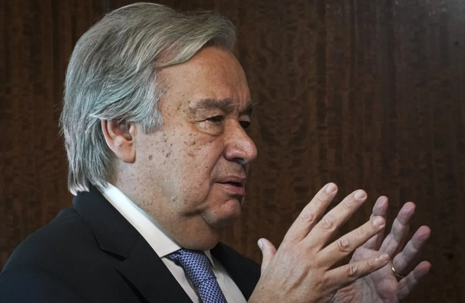United Nations Secretary-General António Guterres speaks during an interview, Wednesday Oct. 21, 2020, at UN headquarters. (AP Photo/Bebeto Matthews)