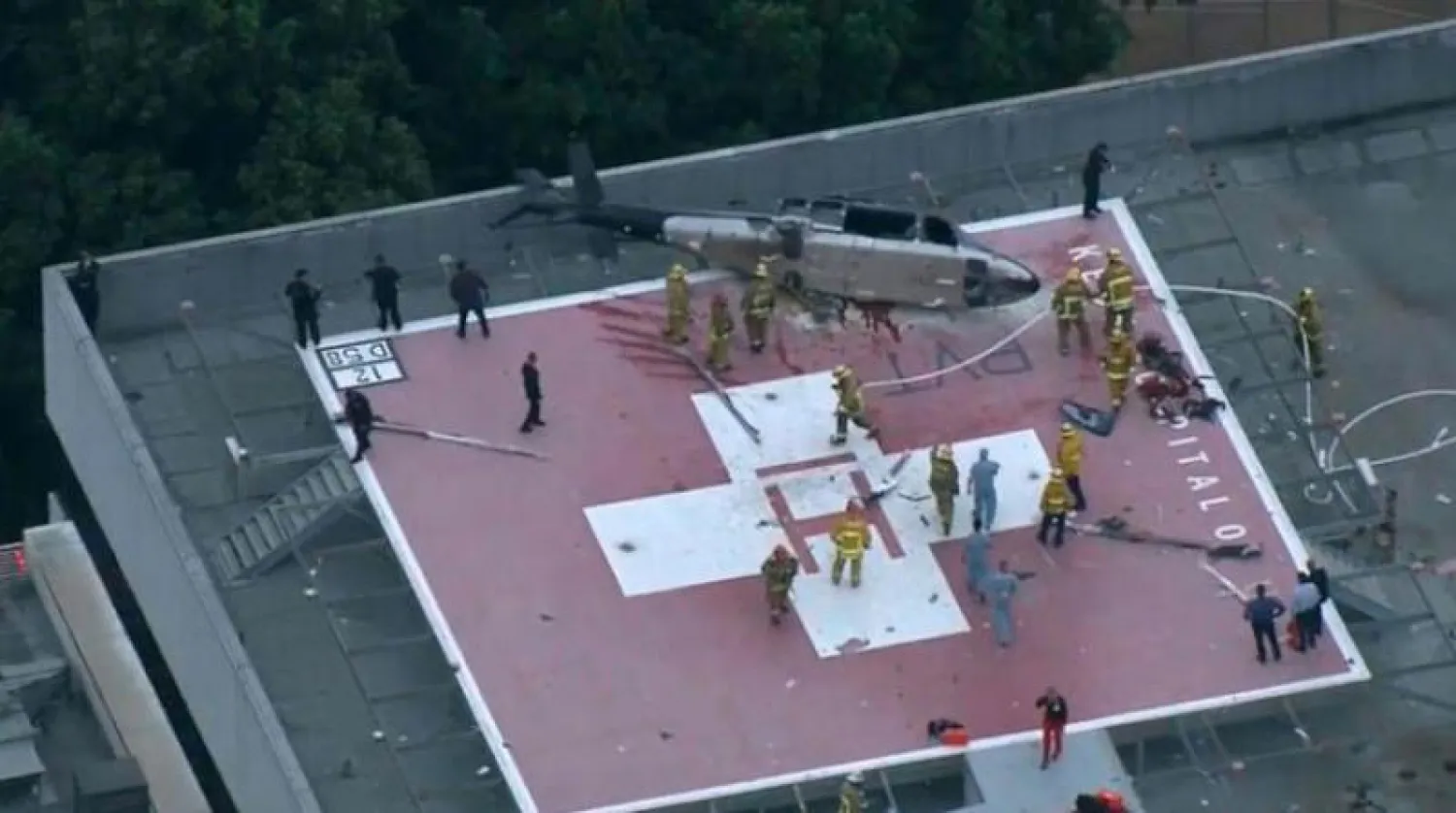 حادثة المروحية أثناء الهبوط على سطح مستشفى كيك في لوس أنجيلس خلال نقل القلب لعملية الزرع (أ.ب)