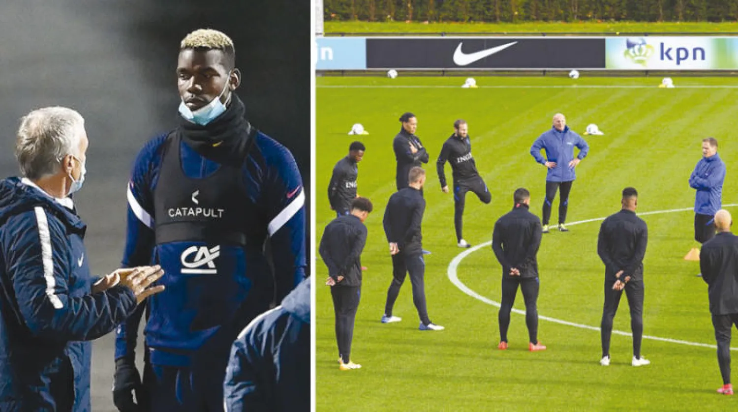 دي بور مدرب هولندا يتحدث للاعبيه قبل لقاء إسبانيا (أ.ف.ب)  -  مدرب فرنسا يتحدث إلى بوغبا لإخراجه من أزماته (أ.ف.ب)