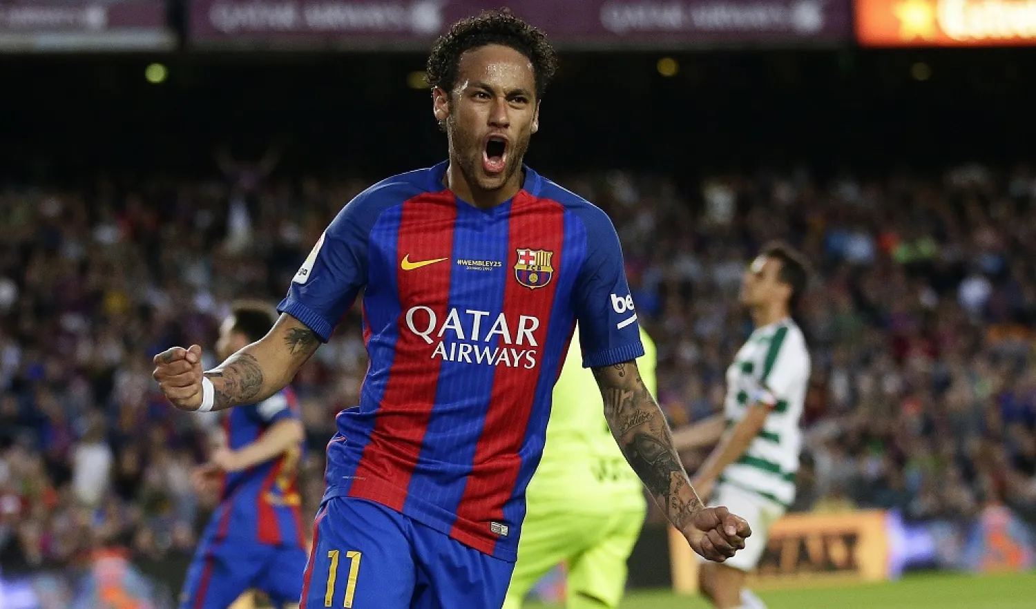 Former Barcelona player Neymar celebrates a goal during a La Liga match against Eibar, in Barcelona, Spain, May 21, 2017. (AP)
