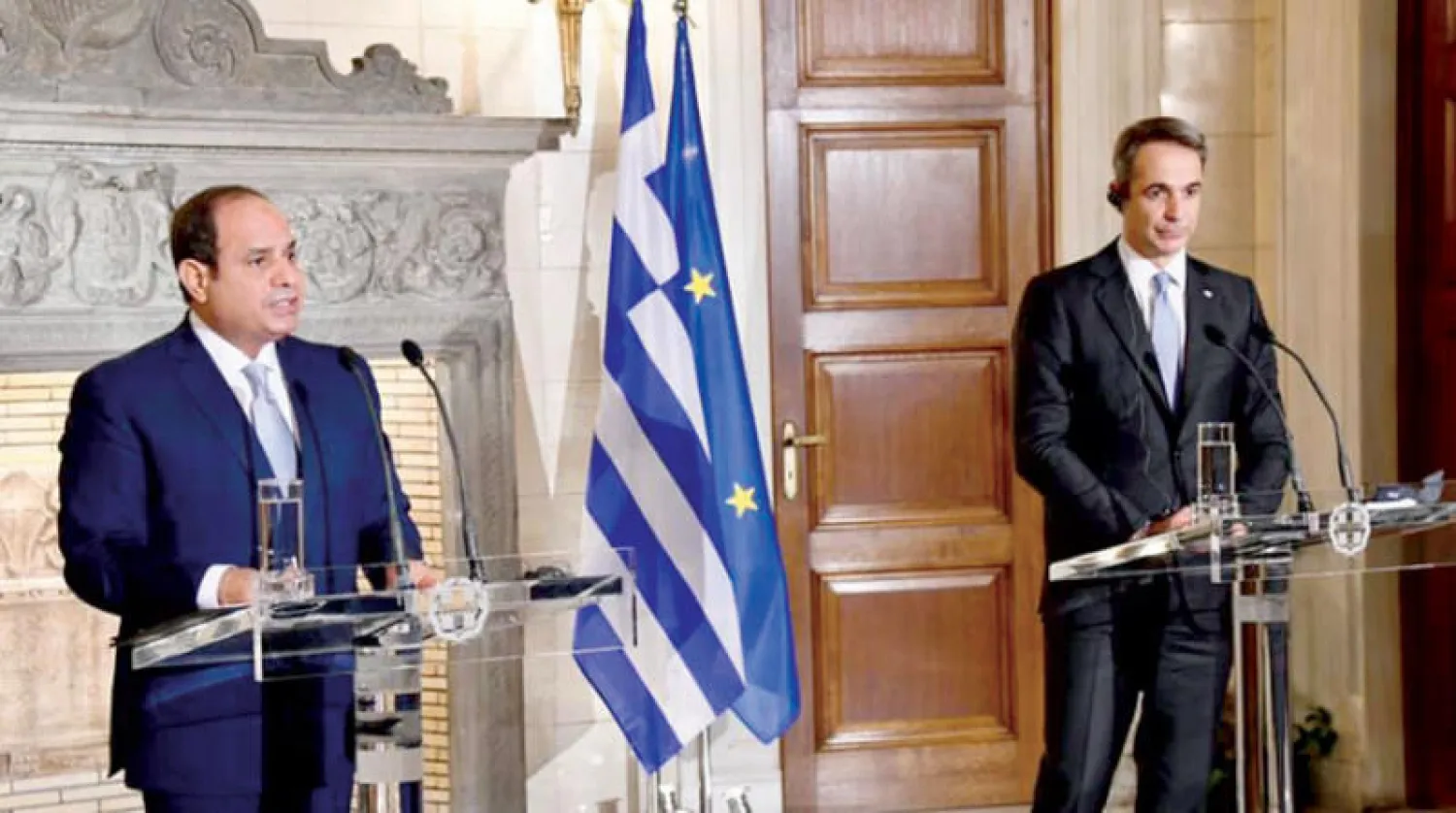 الرئيس المصري ورئيس الوزراء اليوناني في أثينا أمس (الرئاسة المصرية)