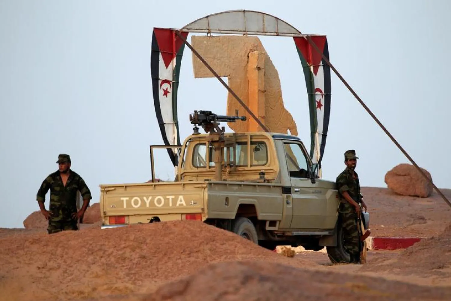 Polisario Front soldiers stand at an entrance of the fifth sector base in Bir Lahlou, Western Sahara, September 9, 2016. REUTERS/Zohra Bensemra
