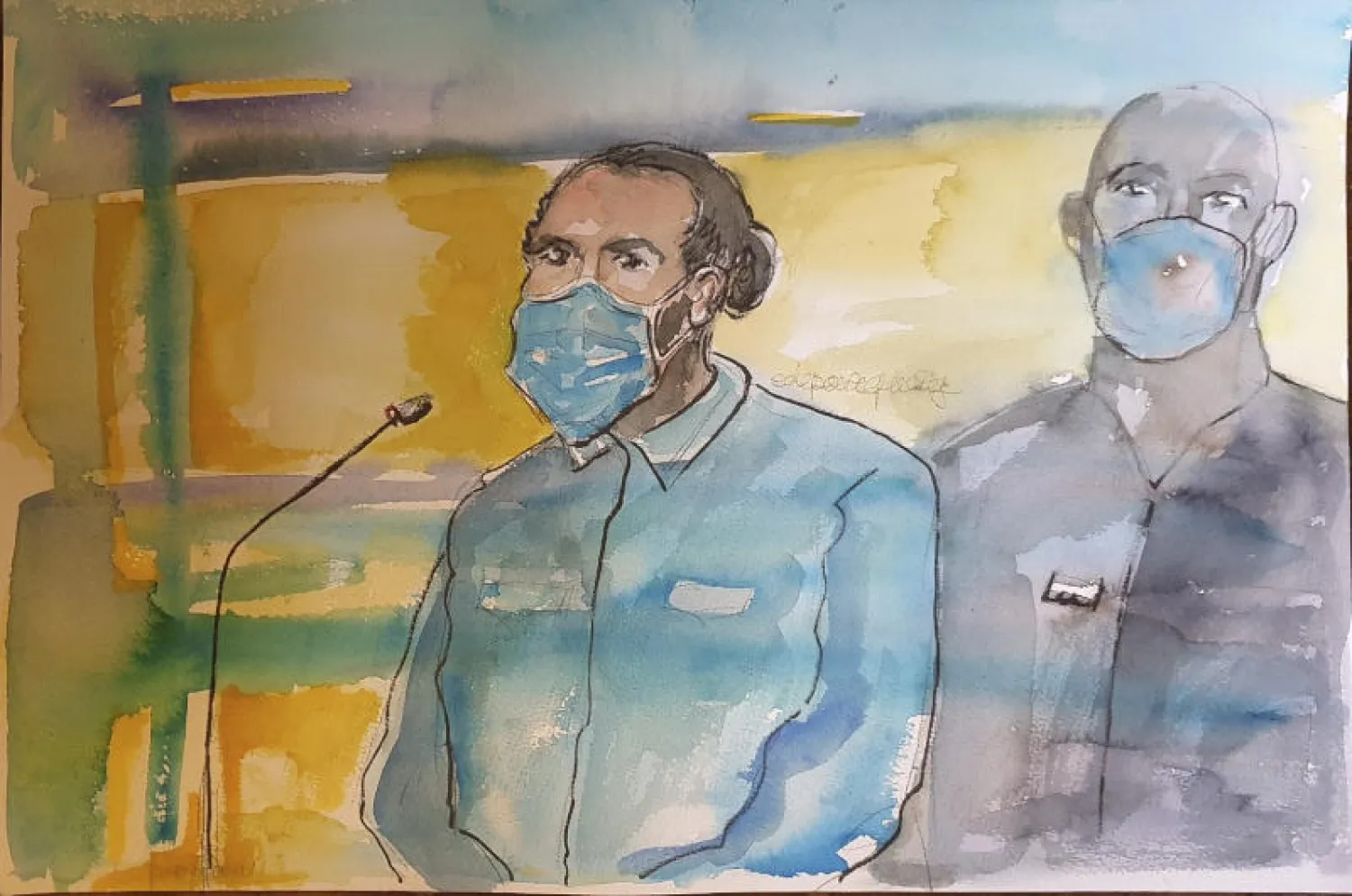 رسم للمغربي أيوب الخزاني خلال المحاكمة (أ.ف.ب)