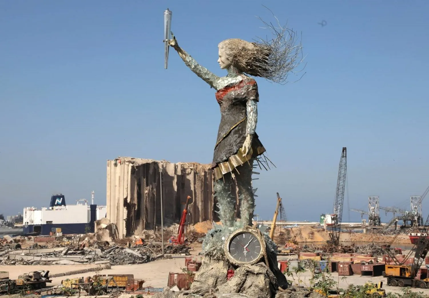 A view shows a statue by Lebanese artist, Hayat Nazer, which is made entirely out of broken glass and debris of the August 4 port explosion, near the port of Beirut, Lebanon October 26, 2020. (Reuters)