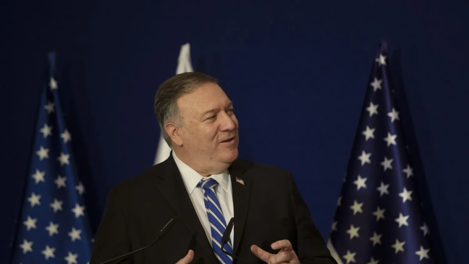 US Secretary of State Mike Pompeo speaks during a joint statement with Israeli Prime Minister Benjamin Netanyahu in Jerusalem, Thursday, Nov. 19, 2020. (AP Photo/Maya Alleruzzo, Pool)