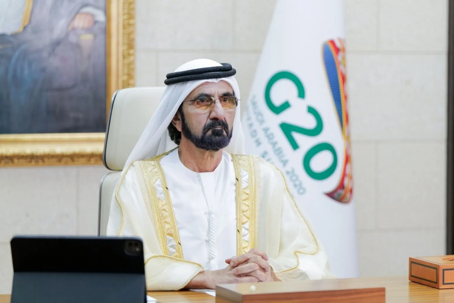 Dubai Ruler Sheikh Mohammed bin Rashid Al Maktoum before the virtual G20 Summit. (Twitter)