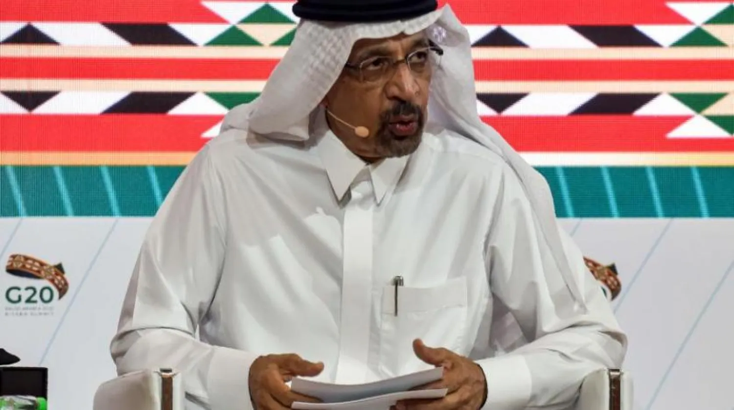 Saudi Minister of Investment Khalid al-Falih talks to reporters during a media briefing during the virtual G20 summit at the International Media Center in the capital Riyadh on November 21, 2020. (Photo by FAYEZ NURELDINE / AFP)