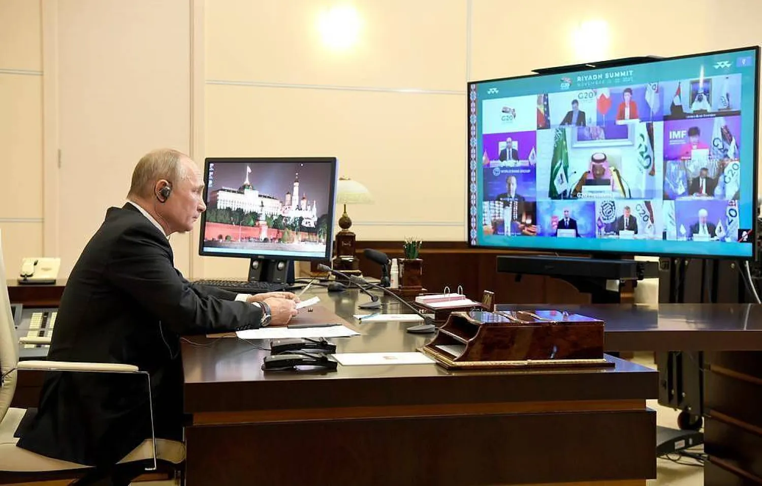 Russian President Vladimir Putin at the G20 virtual summit. Alexey Nikolsky/Russia's presidential press sercive/TASS