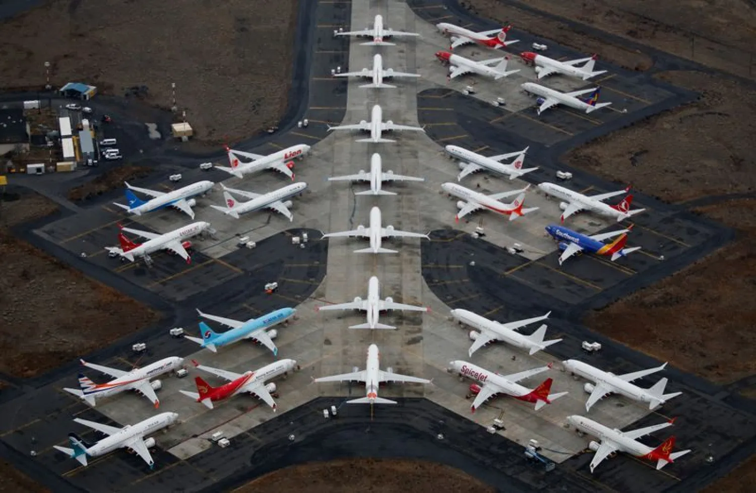 Grounded Boeing 737 MAX aircraft are seen parked at Grant County International Airport in Moses Lake