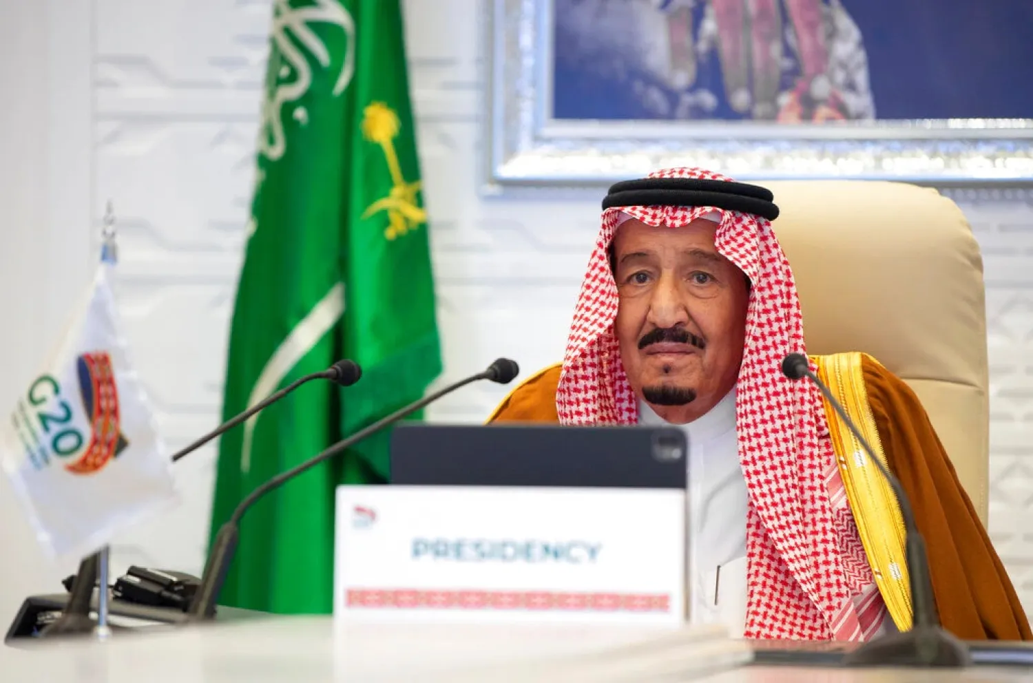 In this handout image from the Saudi Royal Palace, Saudi King Salman gives his opening remarks at a virtual G20 summit in Riyadh, Saudi Arabia, Nov. 21, 2020. (AP)