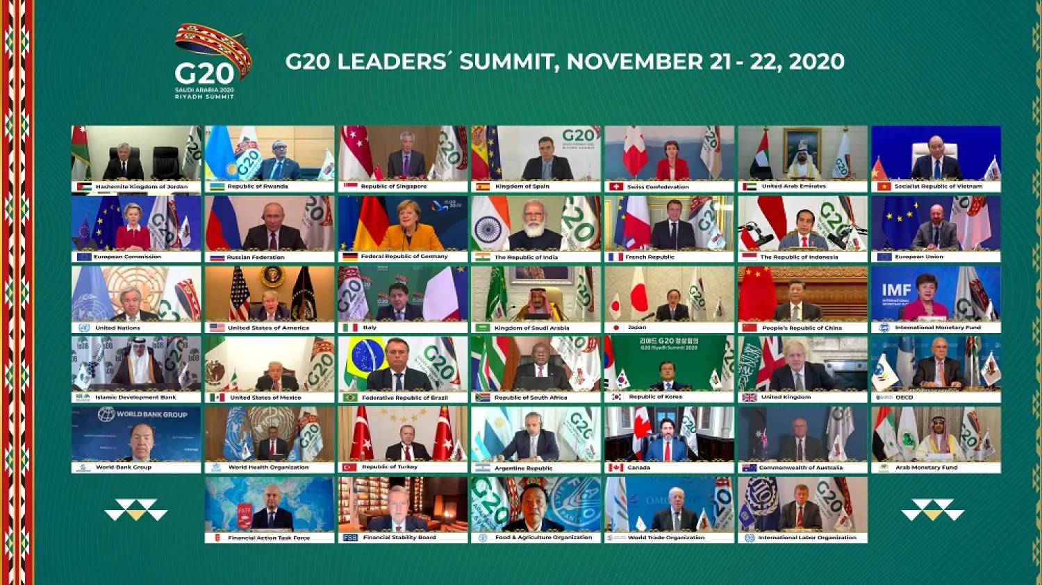 The G20 Leaders’ family photo at the G20 Riyadh Summit. (G20 Saudi Arabia via Twitter)