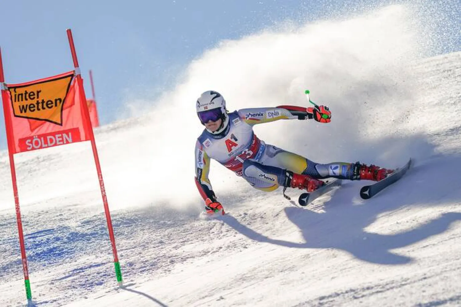 Norway’s Lucas Braathen speeds down the course on his way to win an alpine ski, men’s World Cup giant slalom in Soelden, Austria, Sunday, Oct. 18, 2020. (Giovanni Auletta/Associated Press)
