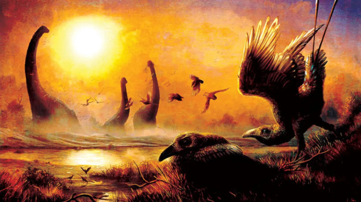 رسم توضيحي يصور الطائر وسط ديناصورات قبل 68 مليون سنة (رويترز)
