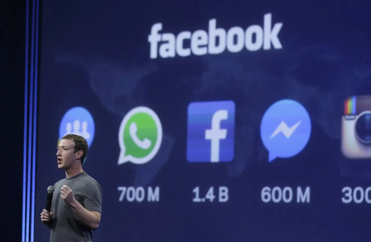 FILE - In this March 25, 2015 file photo CEO Mark Zuckerberg gives the keynote address during the Facebook F8 Developer Conference in San Francisco. (AP Photo/Eric Risberg)
