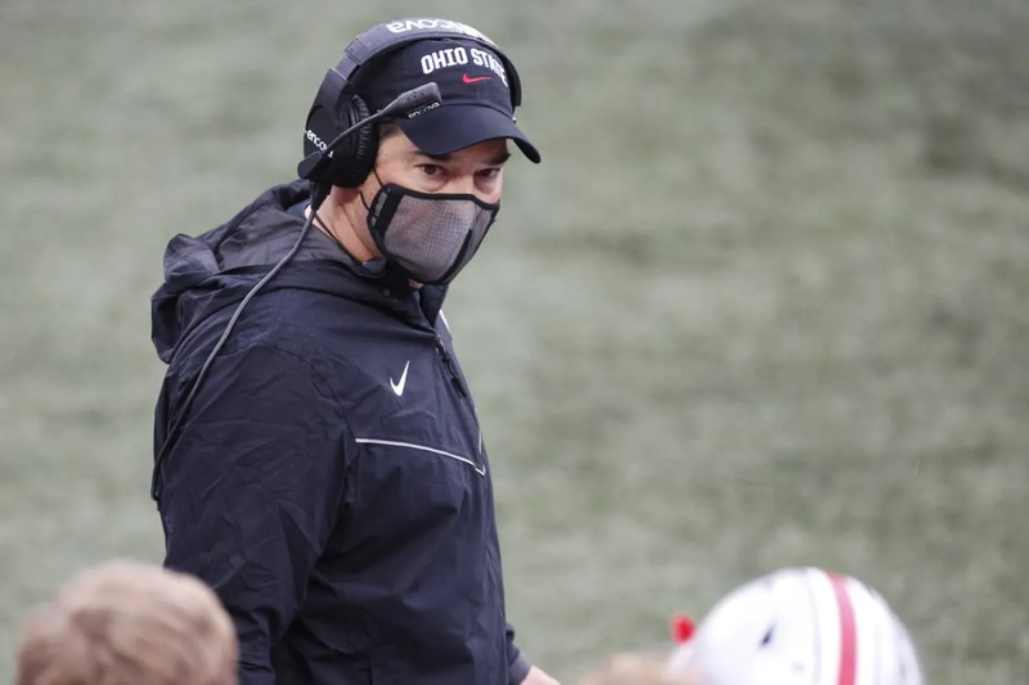 Ohio State head coach Ryan Day talks to his players during an NCAA college football game against Indiana, Saturday, Nov. 21, 2020, in Columbus, Ohio. (AP Photo/Jay LaPrete)
