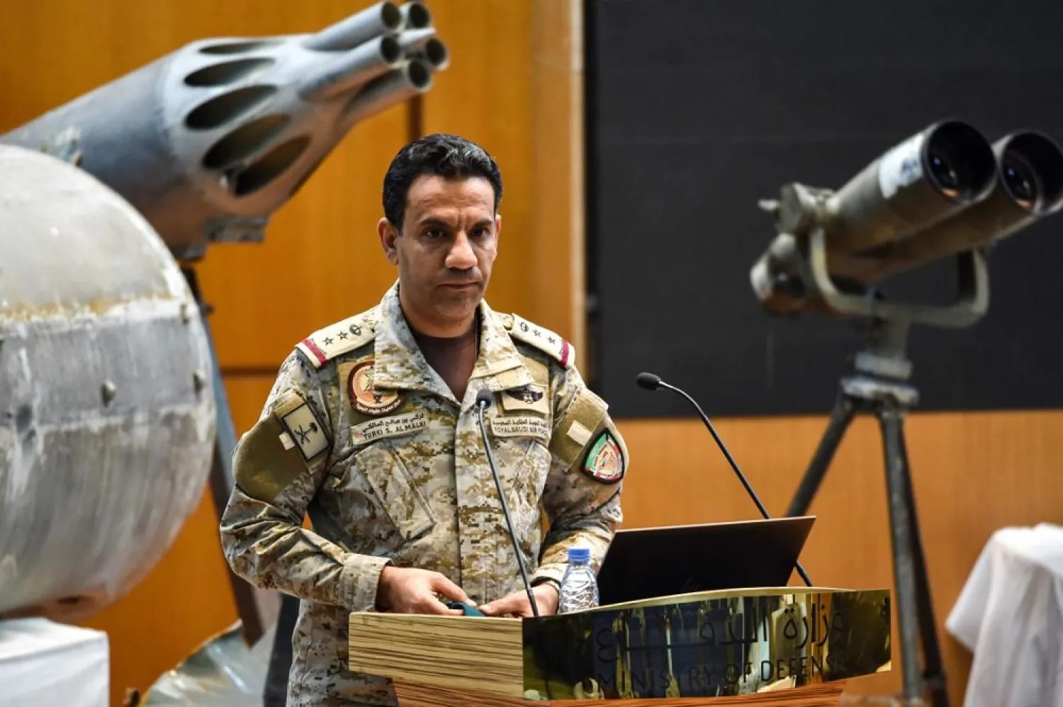 Arab coalition spokesperson Col. Turki al-Maliki looks on during a press conference in Riyadh on July 2, 2020. (AFP)