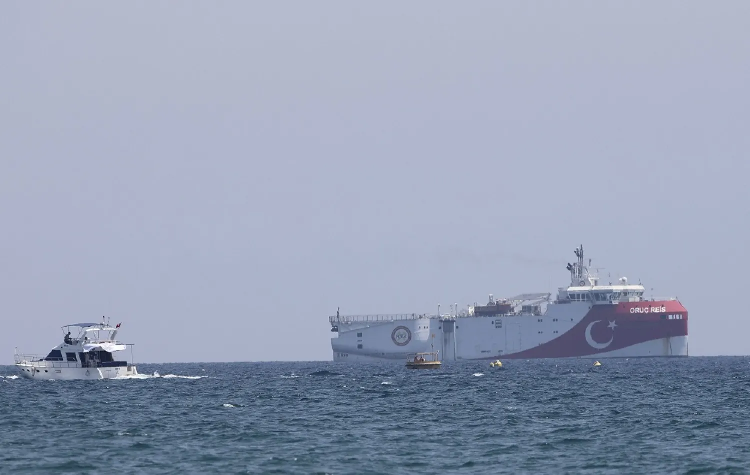 In this photo taken Monday, July 27, 2020, Turkey's research vessel, Oruc Reis, anchored off the coast of Antalya on the Mediterranean, Turkey. (AP)