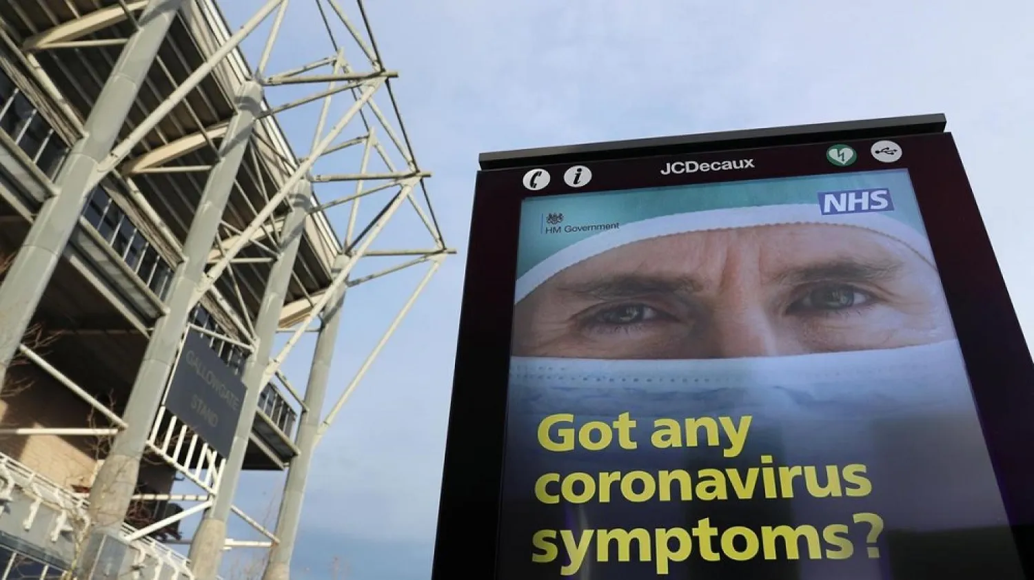 A National Health Service advertisement outside of Newcastle United's St. James' Park stadium. (Reuters)