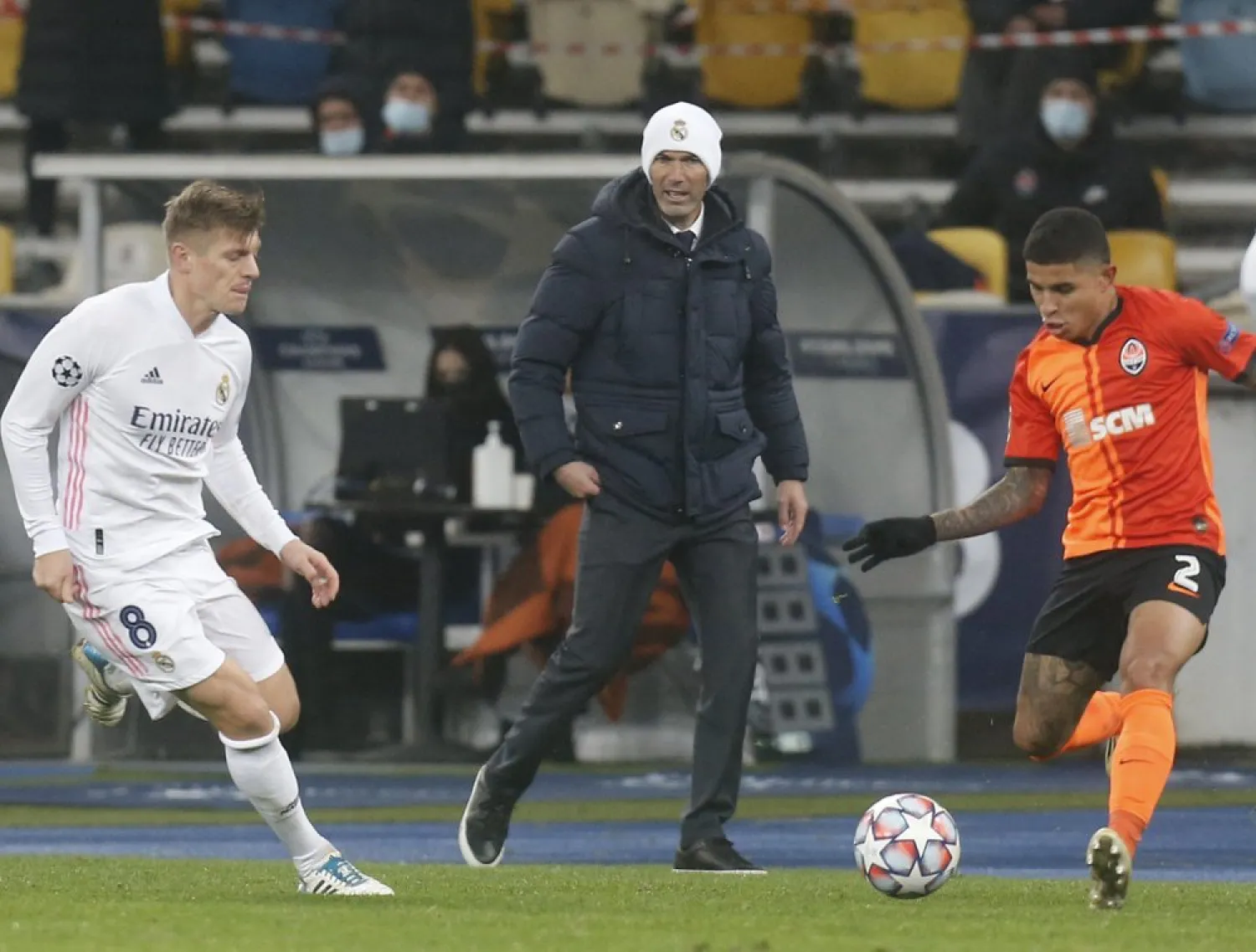 Real Madrid coach Zinedine Zidane follows the game during the Champions League, match between Shakhtar Donetsk and Real Madrid in Kiev, Ukraine, Dec. 1, 2020. (AP)