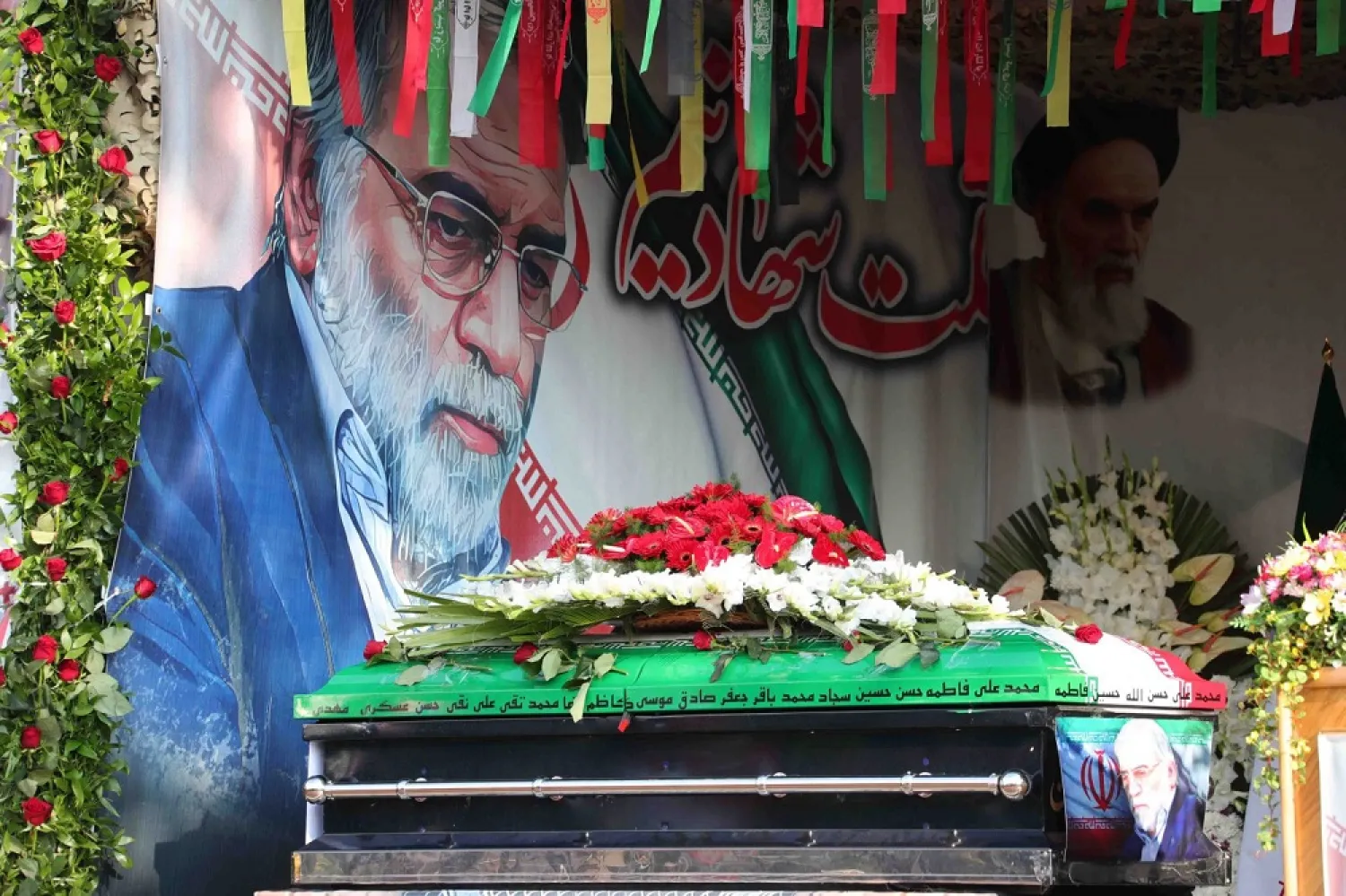 The coffin of Iranian nuclear scientist Mohsen Fakhrizadeh is pictured during a funeral ceremony in Tehran, Iran November 30, 2020. (Handout via Reuters)
