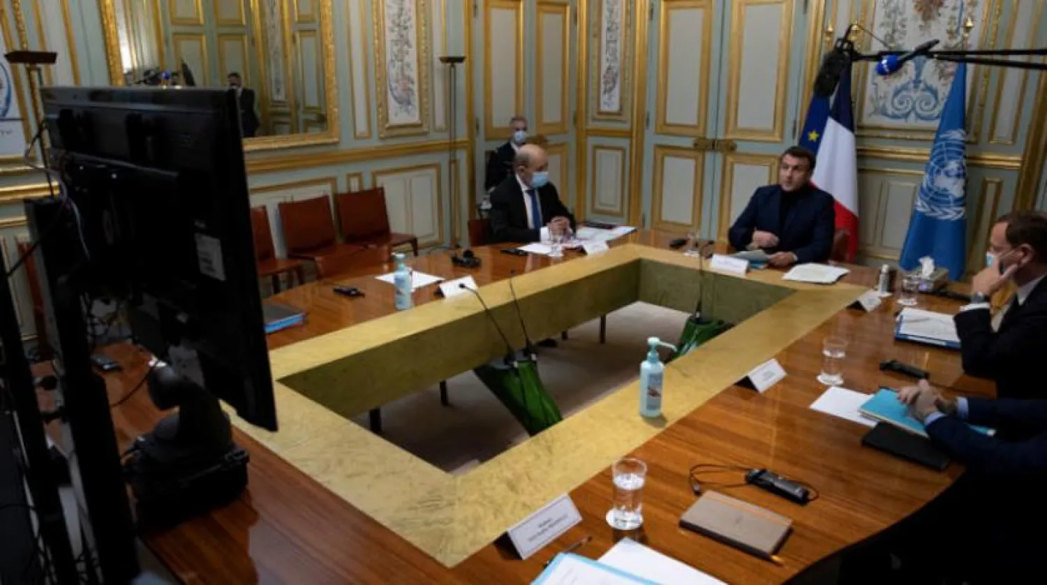 French President Emmanuel Macron addressing the conference in support of Lebanon (Reuters).