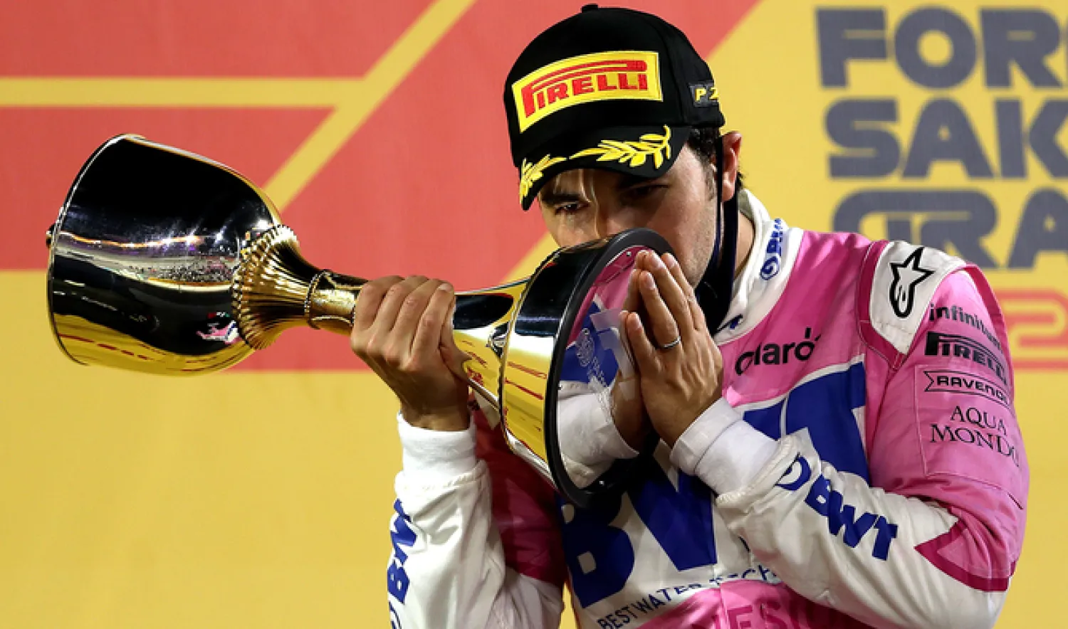 Racing Point’s Mexican driver Sergio Perez after winning the Sakhir Formula One Grand Prix at the Bahrain International Circuit in the city of Sakhir on Sunday. (AFP)
