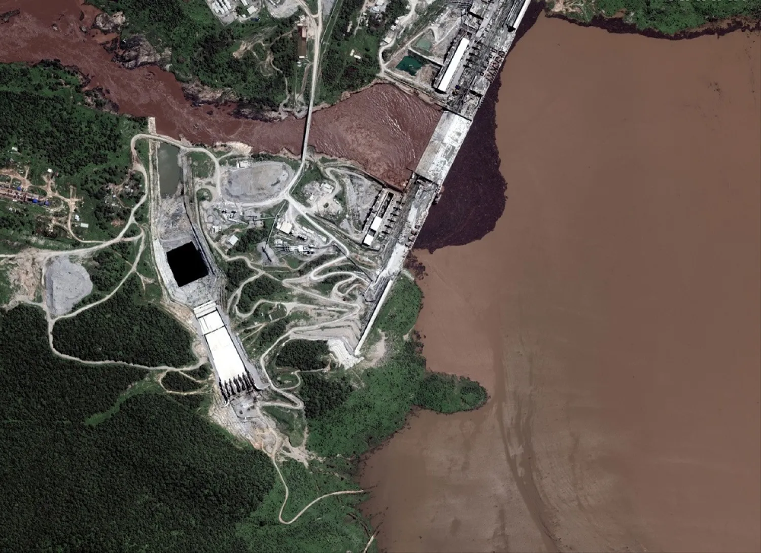 A handout satellite image shows a closeup view of the Grand Ethiopian Renaissance Dam (GERD) and the Blue Nile River in Ethiopia July 12, 2020. (Reuters)