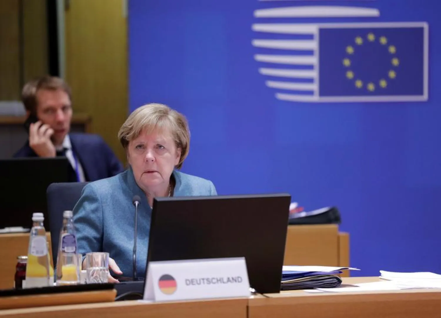 Germany's Chancellor Angela Merkel attends a meeting after a night of negotiation during a face-to-face EU summit amid the coronavirus disease (COVID-19) lockdown in Brussels, Belgium December 11, 2020. Olivier Hoslet/Pool via REUTERS
