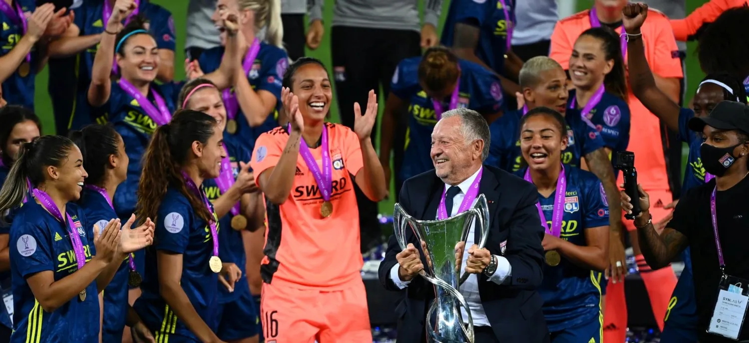 
Lyon president Jean-Michel Aulas celebrates with the team after they beat Wolfsburg in the Champions League final in August.
Photograph: Getty Images