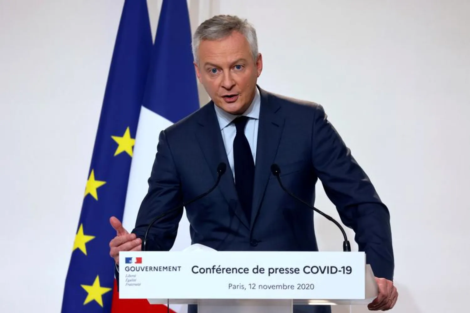 French Economy and Finance Minister Bruno Le Maire speaks during a news conference on the country's COVID-19 situation at the French Health Ministry in Paris, France November 12, 2020. Ludovic Marin/File Photo