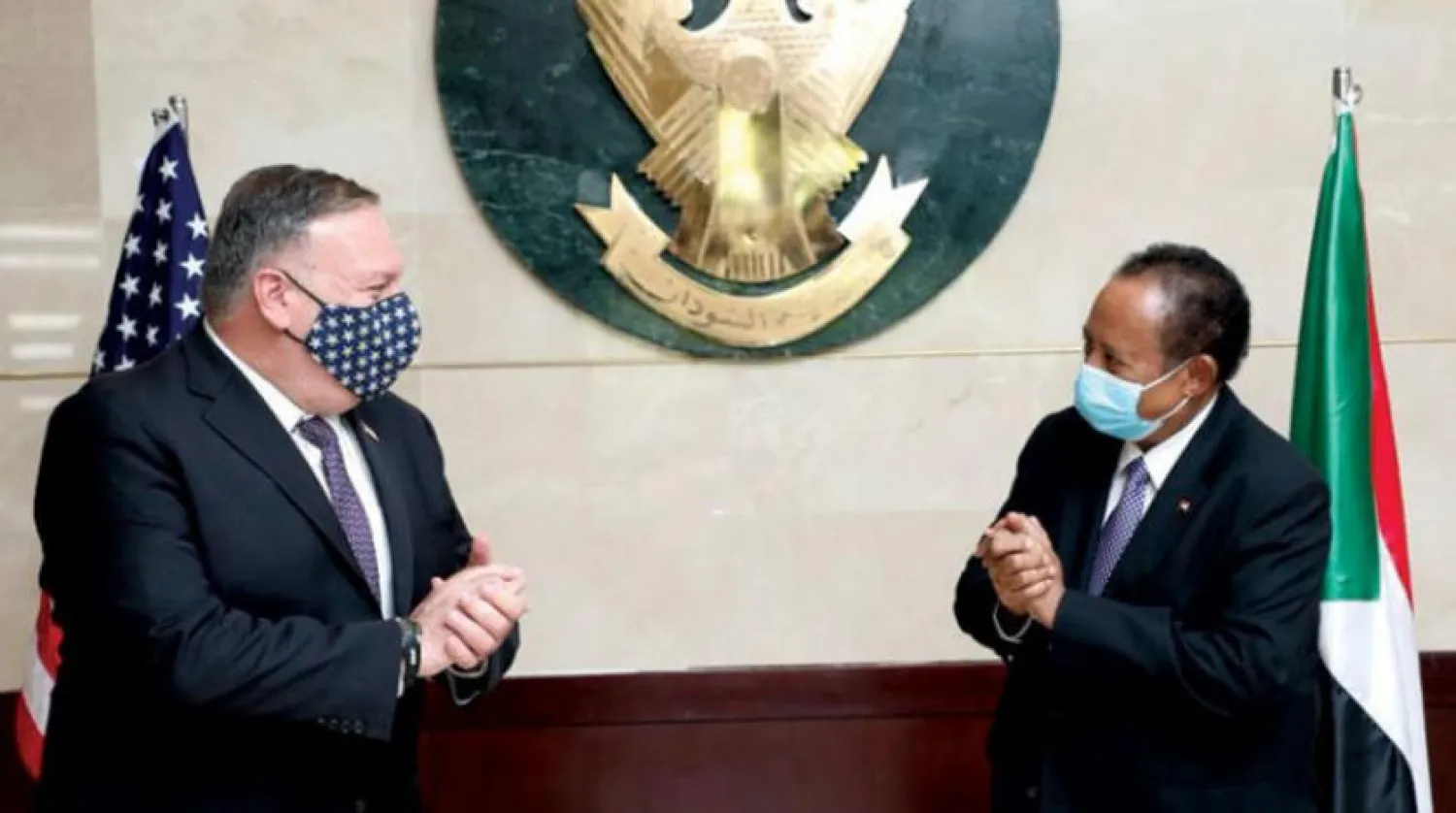 US Secretary of State Mike Pompeo (L) greets Sudanese Prime Minister Abdalla Hamdok (R) in Khartoum, Sudan, on August 25, 2020. AFP file photo