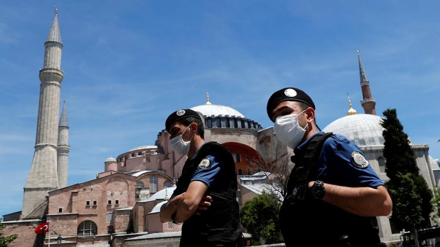 Turkish police officers on patrol near the Hagia Sophia in Istanbul, Turkey. (Reuters)