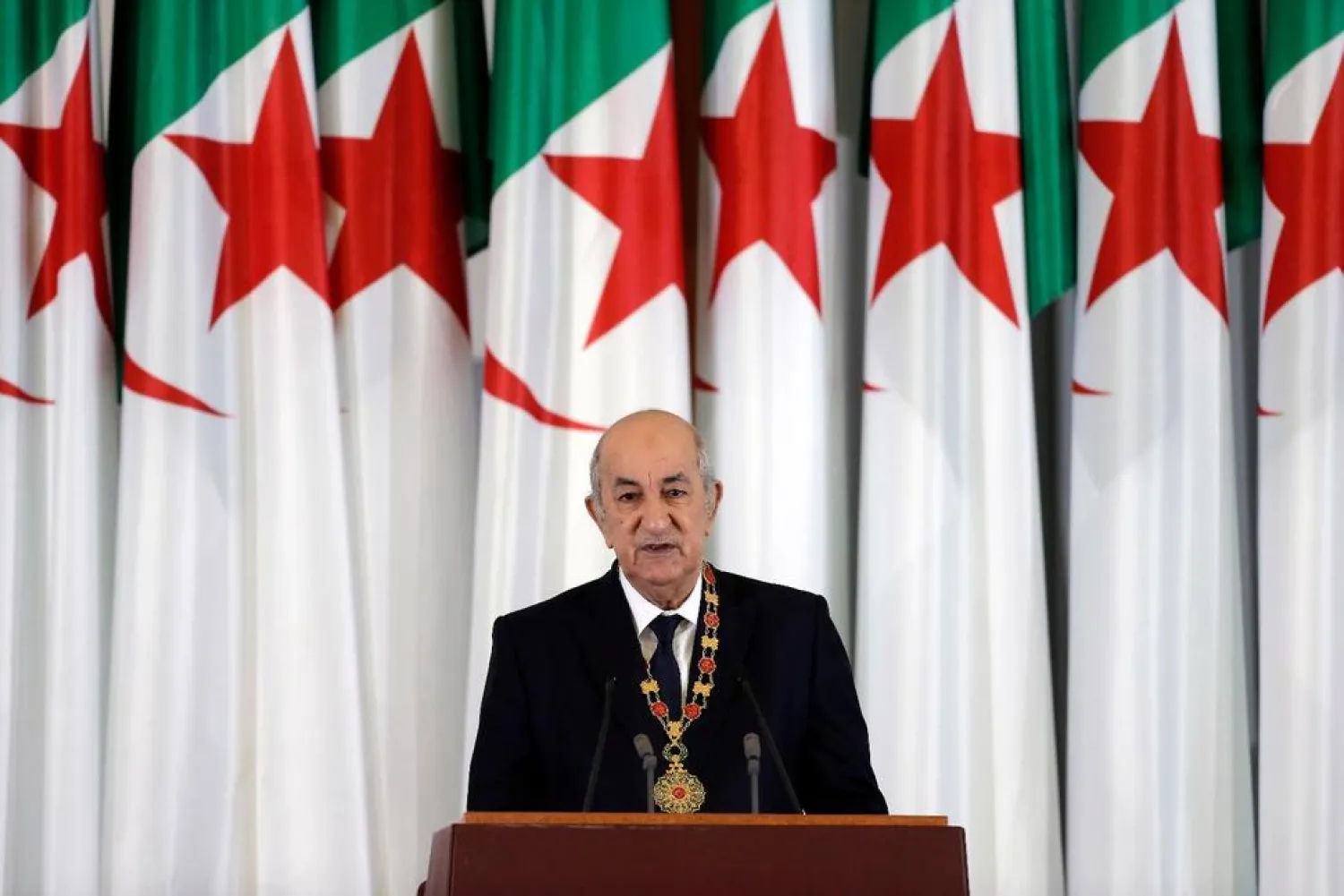  In this Thursday, Dec. 19, 2019 file photo, Algerian president Abdelmadjid Tebboune delivers a speech during an inauguration ceremony in the presidential palace, in Algiers, Algeria (AP Photo/Toufik Doudou)
