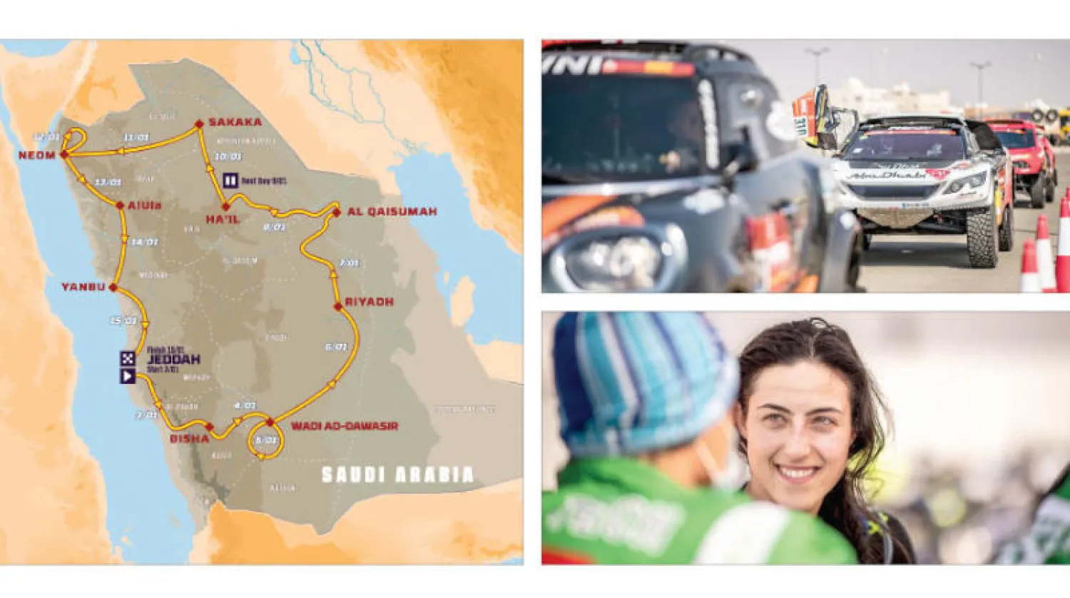 المتسابقون يجهزون سياراتهم تأهباً لإعطاء الضوء الأخضر للانطلاق - إحدى الفتيات المشاركات في الخدمات المساندة لنجوم رالي داكار- خريطة توضح مراحل ومسافات سباق رالي داكار السعودية 2021 (الشرق الأوسط)