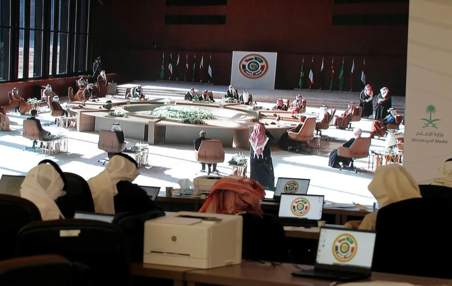A general view of the Gulf Cooperation Council's (GCC) 41st Summit, is pictured via screen at the media center in AlUla, Saudi Arabia January 5, 2021. (Reuters)