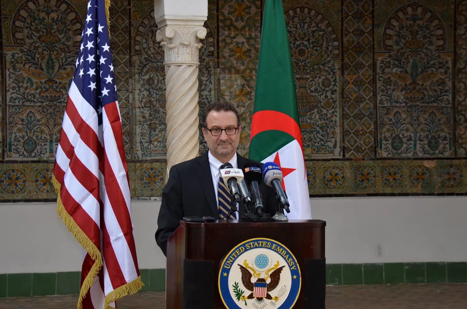 A handout photo released by the US embassy in Algeria on Thursday shows David Schenker, assistant secretary of State for Near Eastern Affairs, speaking during a press briefing in Algiers. (AFP)