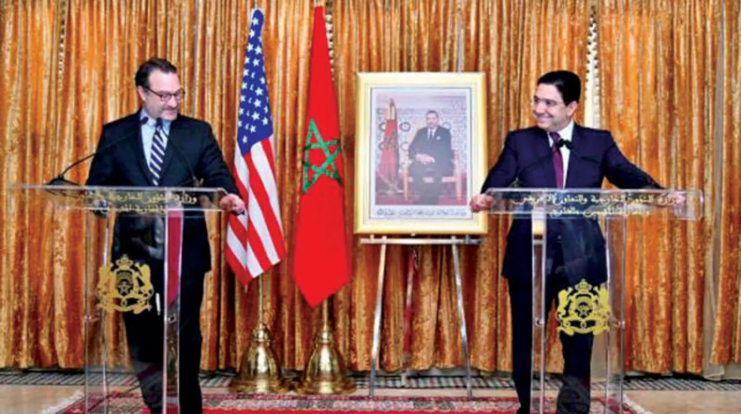 بوريطة وشينكر في لقاء مع الصحافيين عقب مباحثاتهما في الداخلة أمس (الشرق الأوسط)