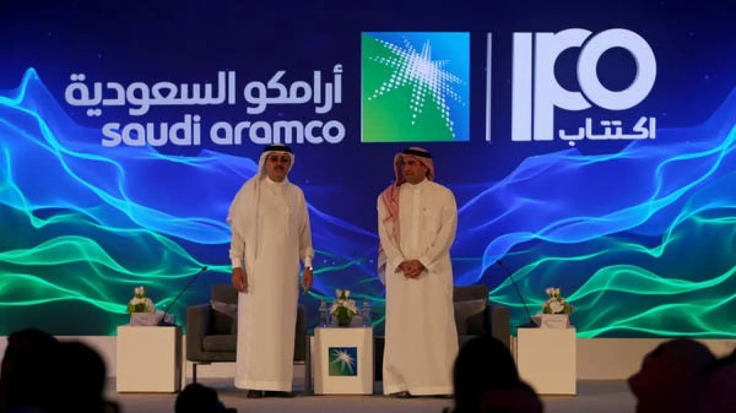 CEO of Aramco, Amin Nasser, and Saudi Aramco’s chairman, Yasser al-Rumayyan, attend a press conference for Aramco’s IPO. (File photo: Reuters)