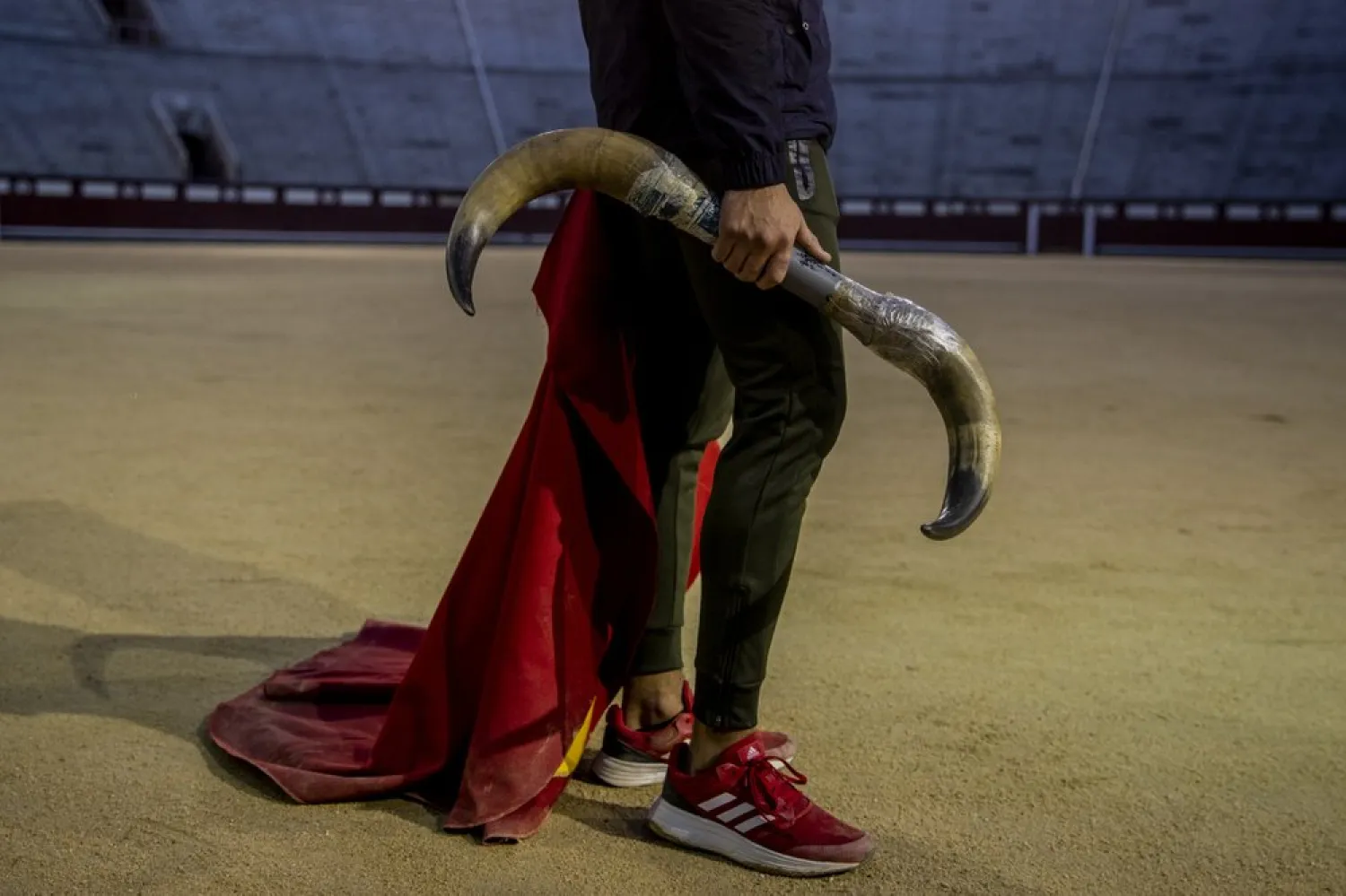 A pupil holds a set of plastic bull horns at the Bullfighting School at Las Ventas bullring in Madrid, Spain, Tuesday, Dec. 22, 2020. (AP)