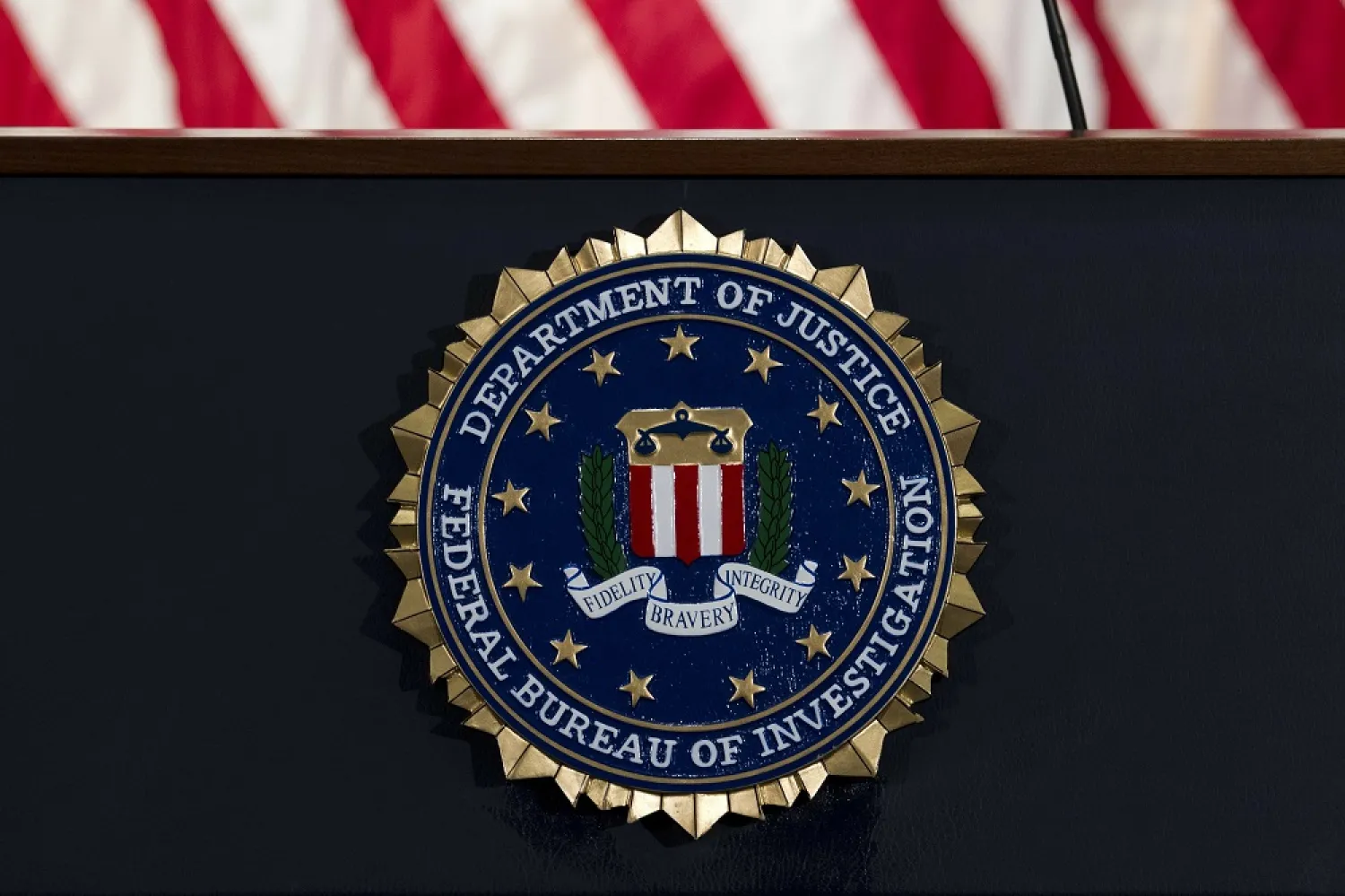 In this June 14, 2018, file photo, the FBI seal is seen before a news conference at FBI headquarters in Washington. (AP)