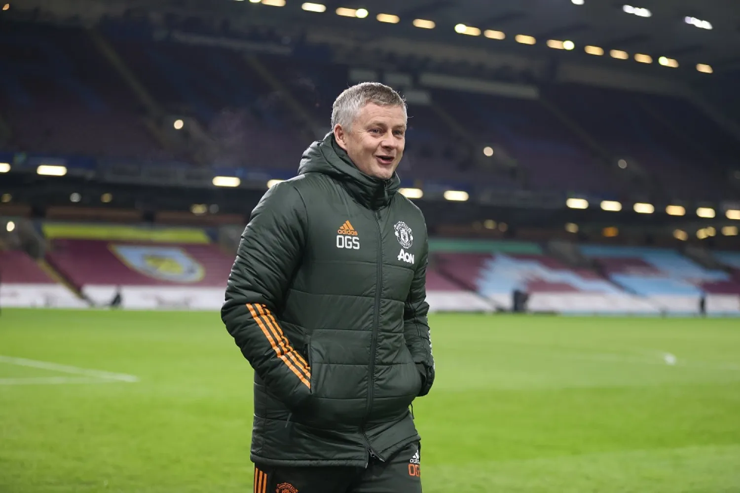 Manchester United's manager Ole Gunnar Solskjaer walks to the pitch prior to the Premier League match between Burnley and Manchester United in Burnley, England, Jan. 12, 2021. (AP)